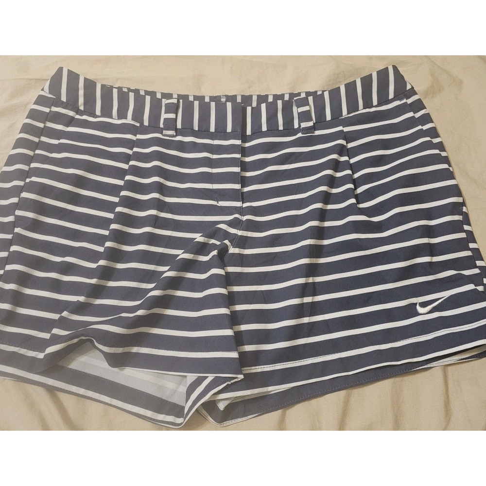 Nike Golf Shorts Womens 8 Navy Blue Light Gray Stripe Dri Fit Pleated Pockets